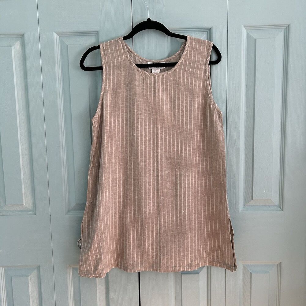 Adini Womens Flax Cotton Beige Sleeveless Blouse Tunic Top Small Coastal Boho